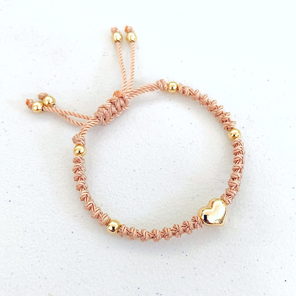 Stainless Steel Golden Puffed Heart Ajustable Macrame Bracelet Tan Beige